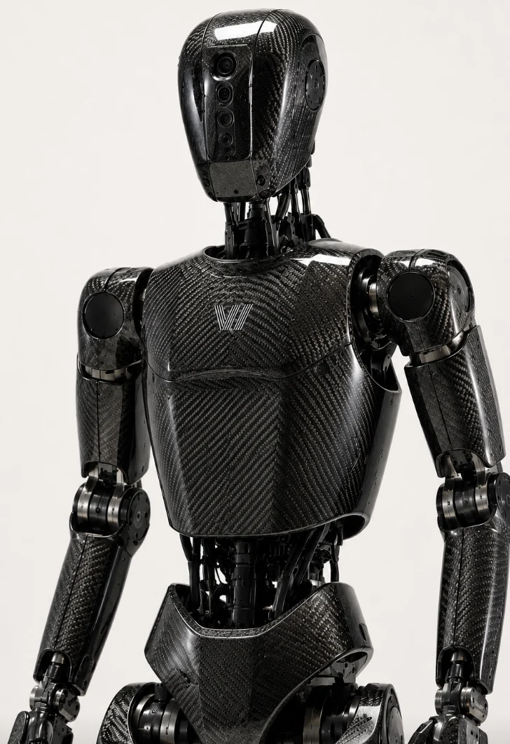 Carbon-fiber humanoid robot design study with a Vertex mark on its chest